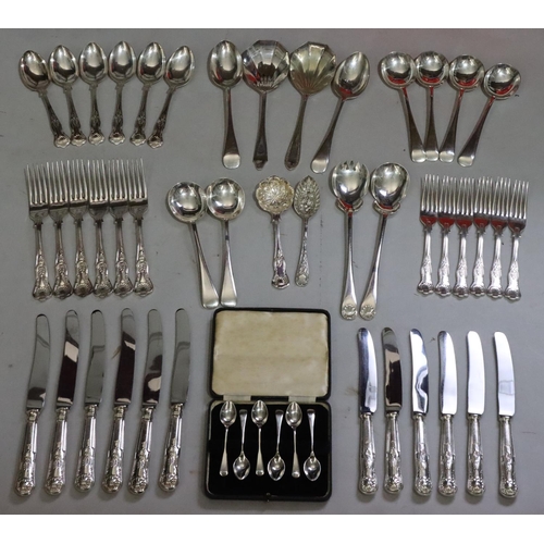 176 - A silver plated King's pattern 6-place setting flatware service and a small quantity of various silv... 