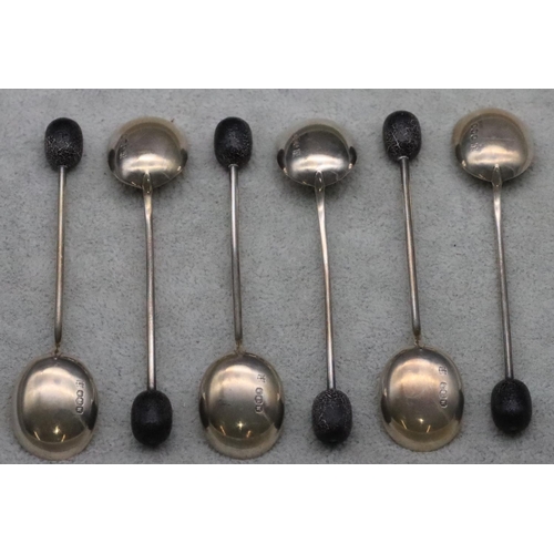 177 - A set of 6 Sheffield silver coffee bean spoons, in fitted black leather case, 1.1oz