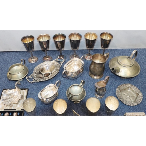 196 - A 3-piece hammered silver plated tea service, a silver plated tankard, 6 silver plated goblets and a... 