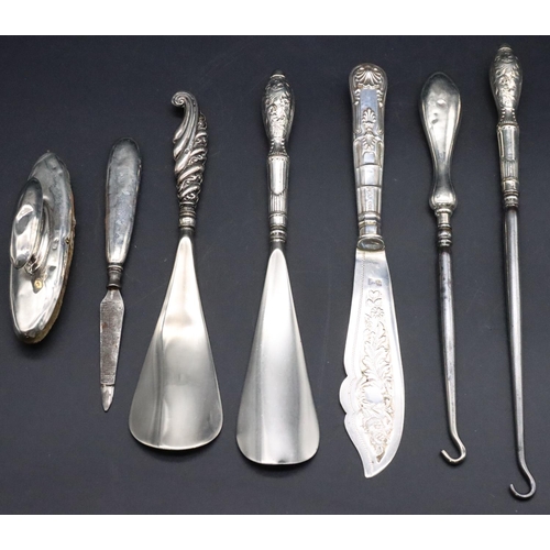 206 - 5 various silver handled manicure items, a silver mounted nail buff and a Sheffield silver handled b... 