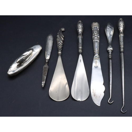 206 - 5 various silver handled manicure items, a silver mounted nail buff and a Sheffield silver handled b... 