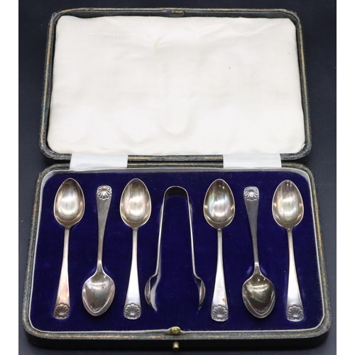 207 - A set of 6 Sheffield silver teaspoons and matching sugar tongs with shell motifs, maker James & Will... 