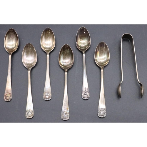 207 - A set of 6 Sheffield silver teaspoons and matching sugar tongs with shell motifs, maker James & Will... 