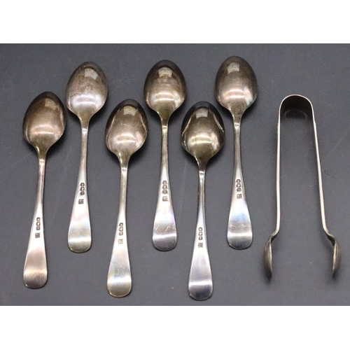 207 - A set of 6 Sheffield silver teaspoons and matching sugar tongs with shell motifs, maker James & Will... 