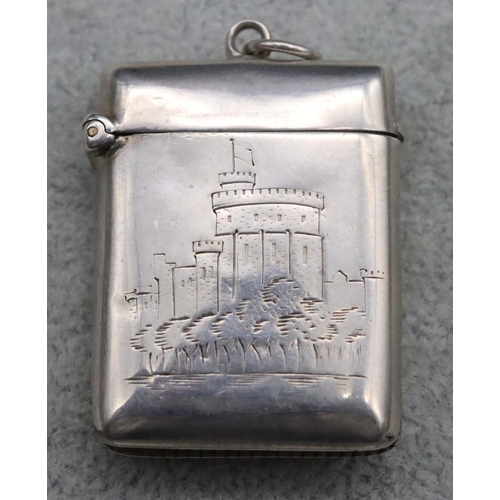 213 - A later Victorian vesta case with engraved castle motif, hinged lid, Birmingham 1900