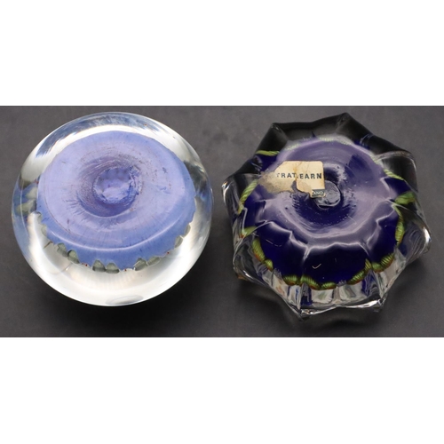 22 - A Strathearn millefiori round scallop shaped paperweight and another round bulbous shaped millefiori... 