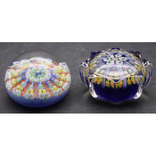 22 - A Strathearn millefiori round scallop shaped paperweight and another round bulbous shaped millefiori... 