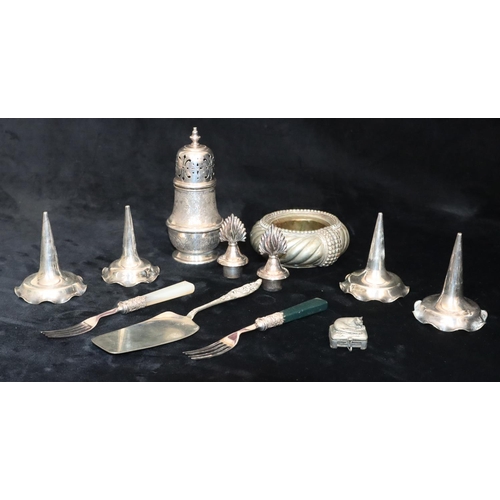 228 - A pair of silver plated forks with hardstone handles, a silver plated sugar caster, a silver plated ... 