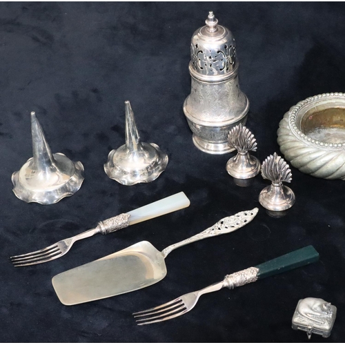 228 - A pair of silver plated forks with hardstone handles, a silver plated sugar caster, a silver plated ... 