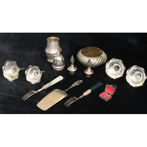 228 - A pair of silver plated forks with hardstone handles, a silver plated sugar caster, a silver plated ... 