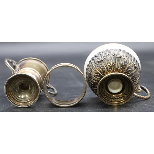 230 - An 800 silver gilt cup holder with white china bowl and pierced and raised swag decoration,  a small... 