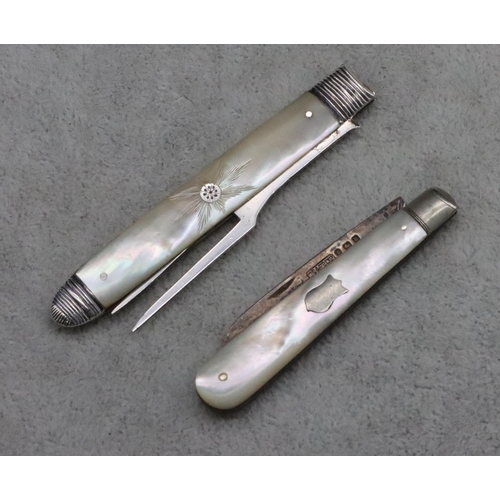 232 - A Georgian silver and Mother of Pearl folding penknife fork and another Birmingham silver and Mother... 