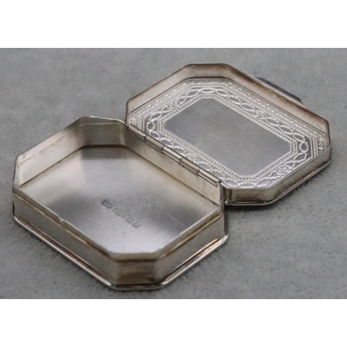 234 - A 925 silver rectangular shaped snuff box with hinged lid and part embossed scroll and studded decor... 