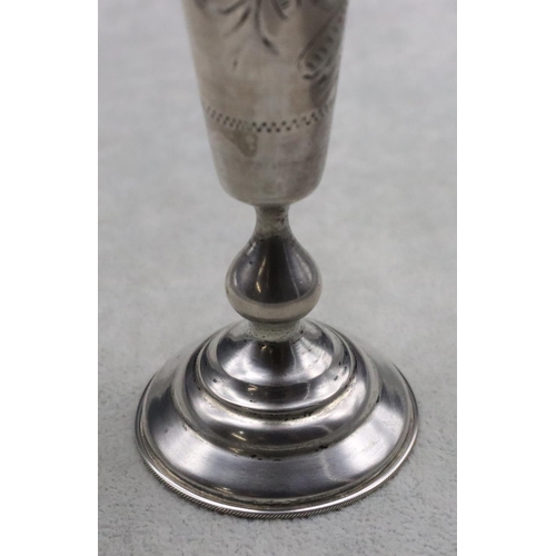 236 - A Russian silver round trumpet shaped spill vase with engraved floral and leaf decoration on turned ... 