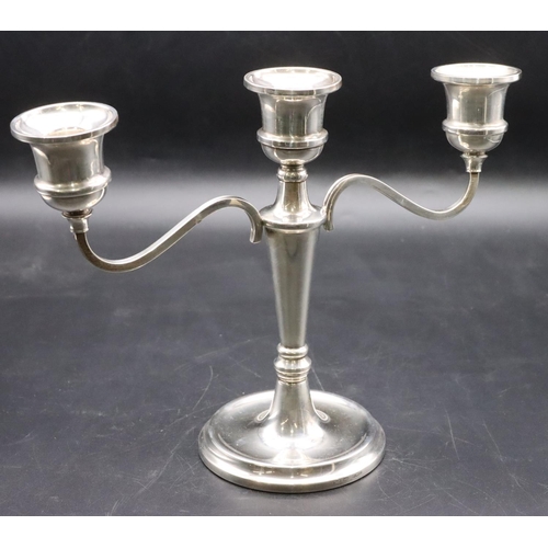 238 - A modern Birmingham silver 3-light 2-branch candelabra with scroll arms, turned stem on round sweepi... 