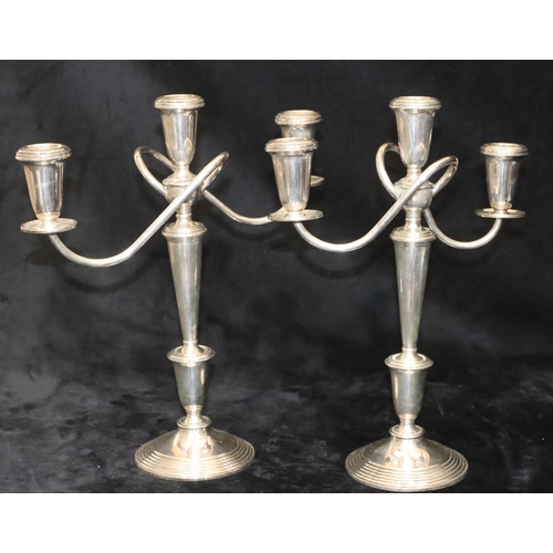 240 - A pair of Crown Sterling silver 3-light 2-branch candelabras with scroll arms, turned stems on round... 