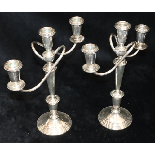 240 - A pair of Crown Sterling silver 3-light 2-branch candelabras with scroll arms, turned stems on round... 