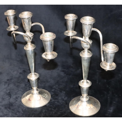 240 - A pair of Crown Sterling silver 3-light 2-branch candelabras with scroll arms, turned stems on round... 