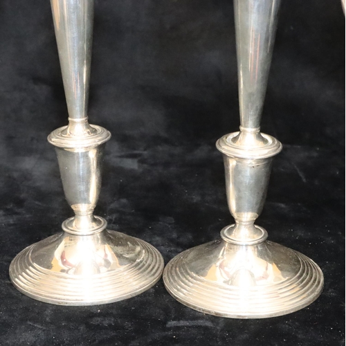 240 - A pair of Crown Sterling silver 3-light 2-branch candelabras with scroll arms, turned stems on round... 