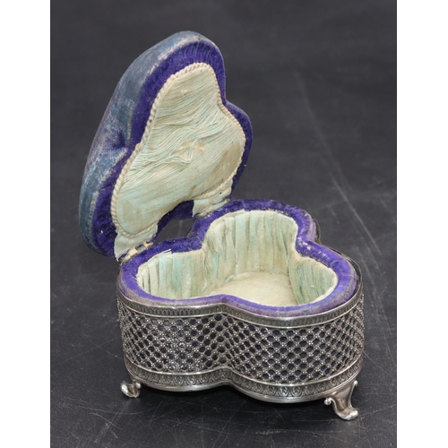 242 - A Birmingham clover shaped trinket box with pierced decoration, on splayed feet, blue silk hinged li... 