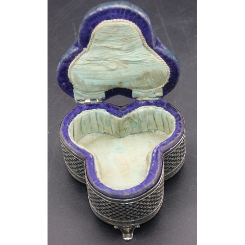 242 - A Birmingham clover shaped trinket box with pierced decoration, on splayed feet, blue silk hinged li... 