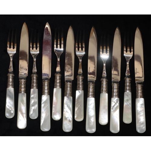 245 - A set of 6 silver plated fruit knives and forks with Mother of Pearl handles, in oak case