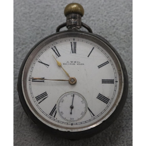 253 - An American Waltham Watch Co. silver open faced pocket watch with white enamel dial and seconds dial... 