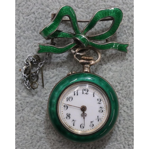 255 - A 935 silver and green enamelled fob watch, with fob, bird, floral ad leaf decoration (slight damage... 