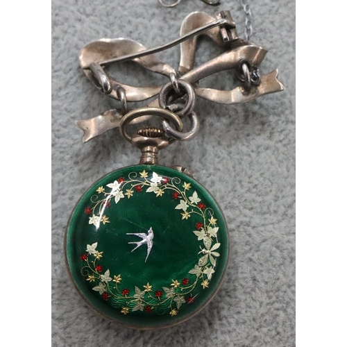 255 - A 935 silver and green enamelled fob watch, with fob, bird, floral ad leaf decoration (slight damage... 