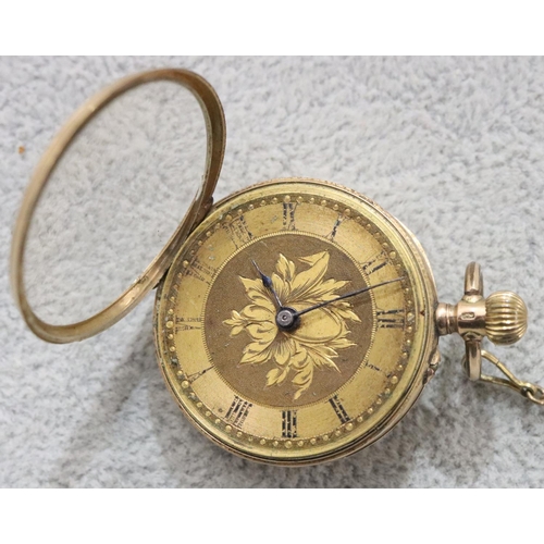 256 - A 14ct gold small fob watch with chased floral decoration and Roman numerals (starts but then stops)... 