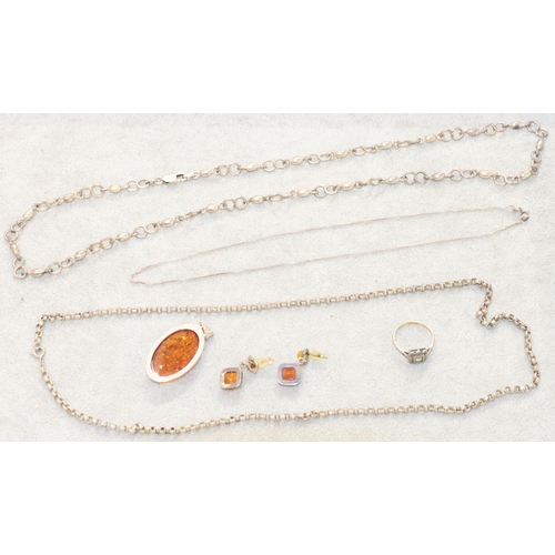 260 - A 925 silver linked chain, 80.5cm long, 2 other silver chains, an amber silver pendant and similar e... 