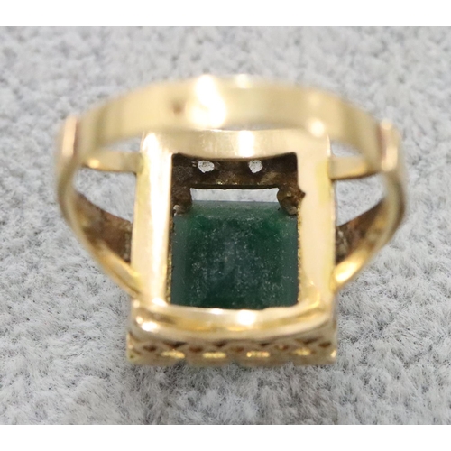 263 - A Continental gold rectangular shaped ring set with centre green stone surrounded by clear stones, S... 