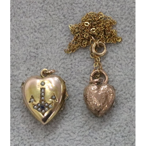 270 - A small oval gold heart shaped locket mounted with anchor inset with half pearls and another gold ha... 