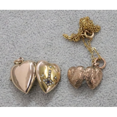 270 - A small oval gold heart shaped locket mounted with anchor inset with half pearls and another gold ha... 