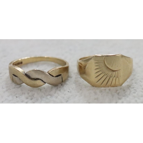 278 - A small 9ct gold signet ring, Size F/G and another similar 2-coloured gold twist ring, Size F/G, 3 g... 