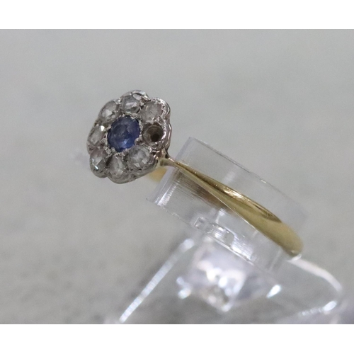 287 - An 18ct gold small cluster ring set with centre sapphire surrounded by small diamond chips (1 diamon... 