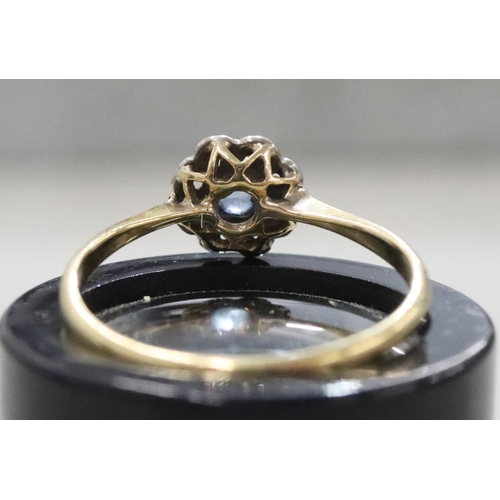 287 - An 18ct gold small cluster ring set with centre sapphire surrounded by small diamond chips (1 diamon... 