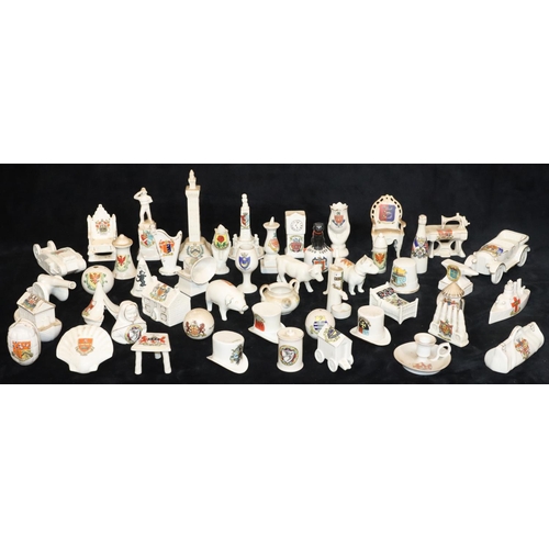 29 - 49 various crested china items, including Shelley car, Arcadian tank, grenade, golf ball, cannon, et... 