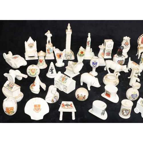 29 - 49 various crested china items, including Shelley car, Arcadian tank, grenade, golf ball, cannon, et... 