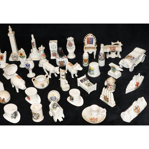 29 - 49 various crested china items, including Shelley car, Arcadian tank, grenade, golf ball, cannon, et... 