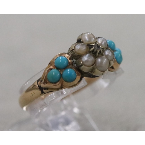 A Victorian gold ladies' ring set with centre floral motif, inset with small diamond surrounded by half pearls and further turquoise, Size O/P, 2.8 grams gross