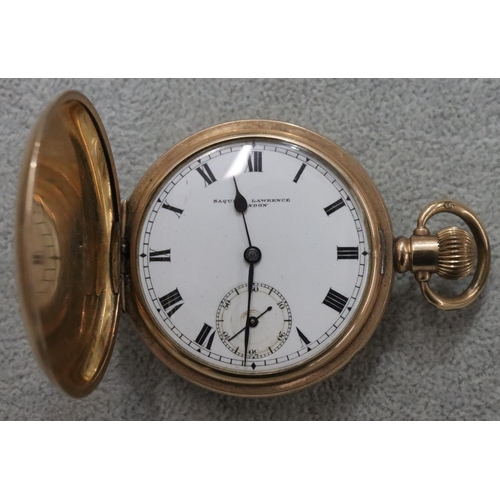 291 - Saqui & Lawrence, London, gold plated full hunter pocket watch with white enamel dial and seconds di... 