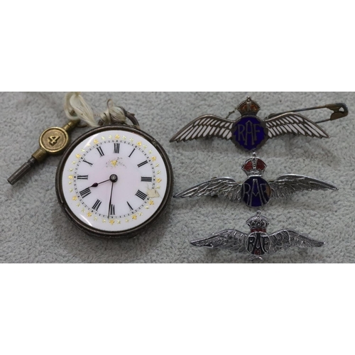 294 - A silver and enamelled RAF brooch, 2 further RAF brooches and a silver fob watch (no glass bezel) (4... 