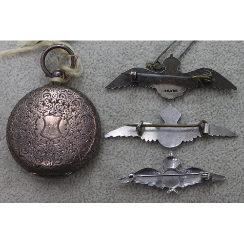 294 - A silver and enamelled RAF brooch, 2 further RAF brooches and a silver fob watch (no glass bezel) (4... 