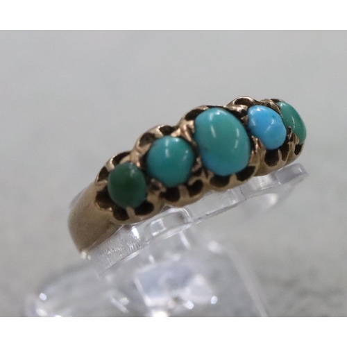 298 - A ladies' gold ring set with 5 turquoise, Size K/L, 2.8 grams gross