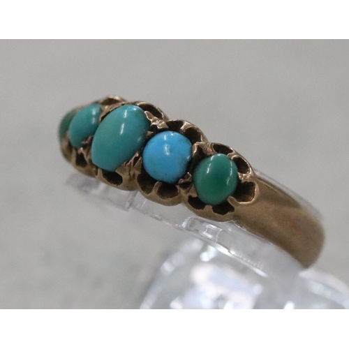 298 - A ladies' gold ring set with 5 turquoise, Size K/L, 2.8 grams gross