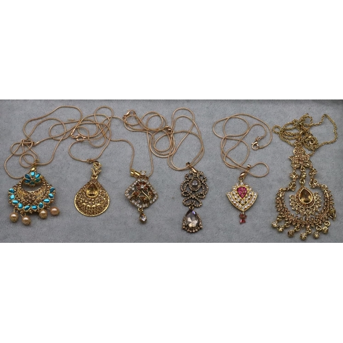 305 - 6 modern gilt pendants with chains