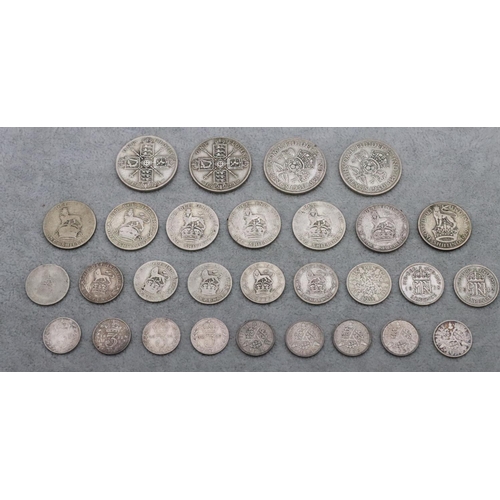 320 - 2 One Florins, 1921 and 27 various other silver coins, 118.6 grams