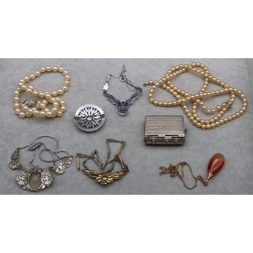 324 - A paste drop necklace set with blue stones, a silver plated vesta case in the form of a book and a s... 