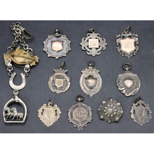 332 - 10 various silver medals, 57.9 grams and a small fob with horse's head motif (11)